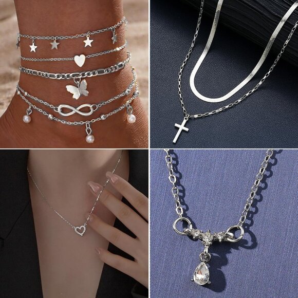 92 pcs Silver Plated Jewelry Set with Necklaces Bracelets Earrings Rings Women - Picture 2 of 8